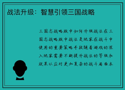 战法升级：智慧引领三国战略