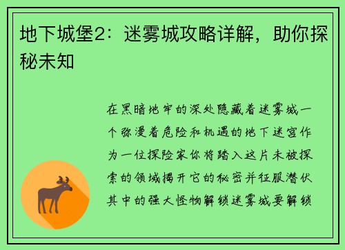 地下城堡2：迷雾城攻略详解，助你探秘未知